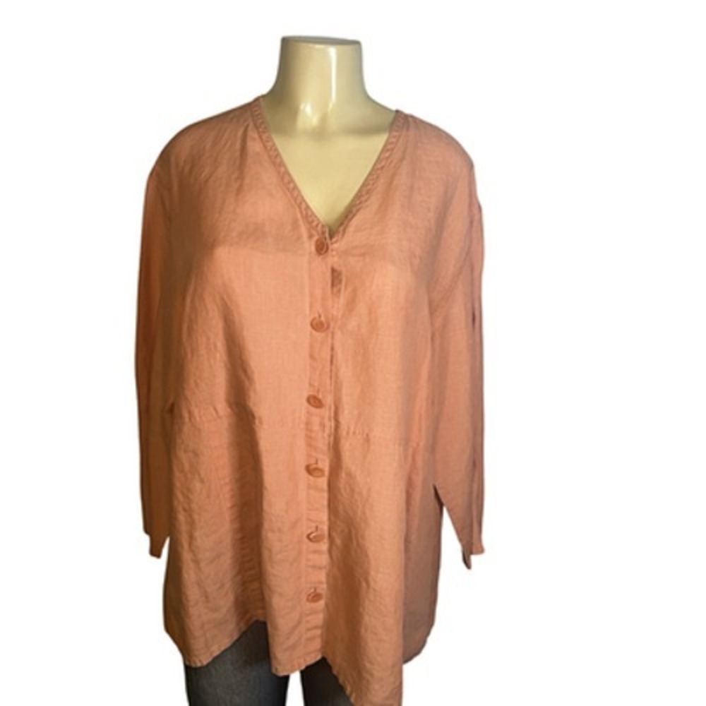 J Jill Tunic Top Womens MP Pink Linen Button Front V Neck Long Sleeve Oversized